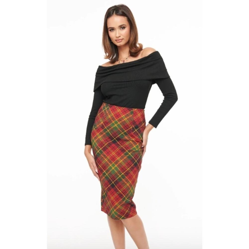 Unique Vintage 1950s Burnt Orange & Green Plaid Tracy Pencil Skirt Sz M Pin Up
